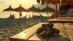 fleurs de cbd sur une table à la plage pour les soldes d'été
